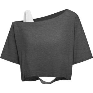 Remidoo Off The Shoulder Tops for Women Short Sleeve Crop Top Distressed Ripped T Shirts Loose Tee Grey Large (Gray, L)