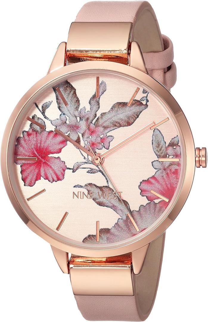 Nine West Women's Floral Dial Smooth Strap Watch (Pink/Rose Gold)