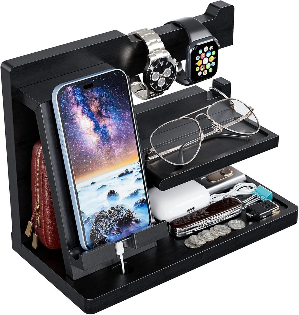 Yirilan Wood Phone Docking Station for Man, Nightstand Charging Organizer and Cell Phone Stand, Birthday Gifts for Men, Dad, Anniversary, Key Holder, Stand Wallet, Watch & Essentials (Black)
