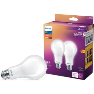 100W A21 2-Pack Ultra Definition Soft White (2700K) 1600 Lumen (13.5W = 100W) Dimmable Frosted Flicker-Free Light Bulbs