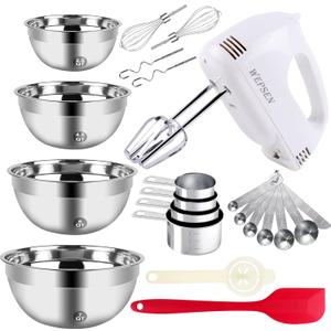 5-Speed Electric Hand Mixer, 4 Large Mixing Bowls Set, Handheld Mixers with Whisks Beater, Stainless Steel Metal Nesting Bowl Measuring Cups Spoons Kitchen Cake Blender for Baking Supplies (Cake Mixer with Bowls Set)