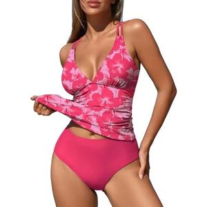 ZAFUL Womens Tankini Swimsuits V Neck Push Up Swim Top Color Block Tummy Control High Waisted Bathing Suits Swim Bottom XL