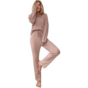 WDIRARA Women's 2 Piece Pajama Waffle Knit Lounge Set Long Pants Sleepwear (Pink, S)
