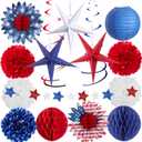 SUNBEAUTY 16PCS 4th of July Decorations Patriotic Party Decor Red White and Blue 3D Paper Star Hanging Swirls Star Garland Tissue PomPom, American Flag Paper Flowers for Independence Day Memorial Day.
