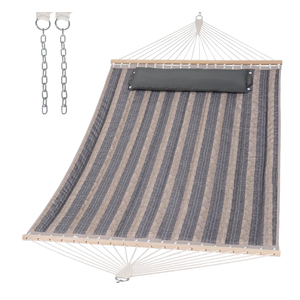 Double Quilted Hammock with Hardwood Spreader Bar, Extra Large Soft Pillow, Heavy Duty 2 Person Hammock for Indoor, Outdoor, Gray Stripes