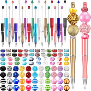 20 Pcs Plastic Beadable Pen Assorted Bead Pen and 88 Pcs Multicolor Beads Crystal Spacer DIY Ballpoint Black Ink Set for Office School Supplies (Elegant Color)