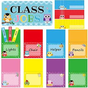 Zonon Class Jobs Bulletin Board Colorful Class Jobs Pocket Chart Set Teacher's Helper Chalkboard Decor Classroom Bulletin Board Decoration for Back to School (Owl Style)