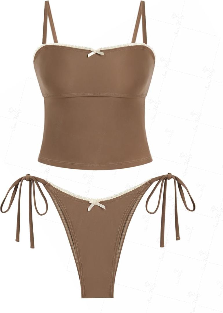seamoly Womens Cute Tankini Set Gingham Two Piece Swimsuits with Bow Back Tie Side Bottom (Brown, XL)