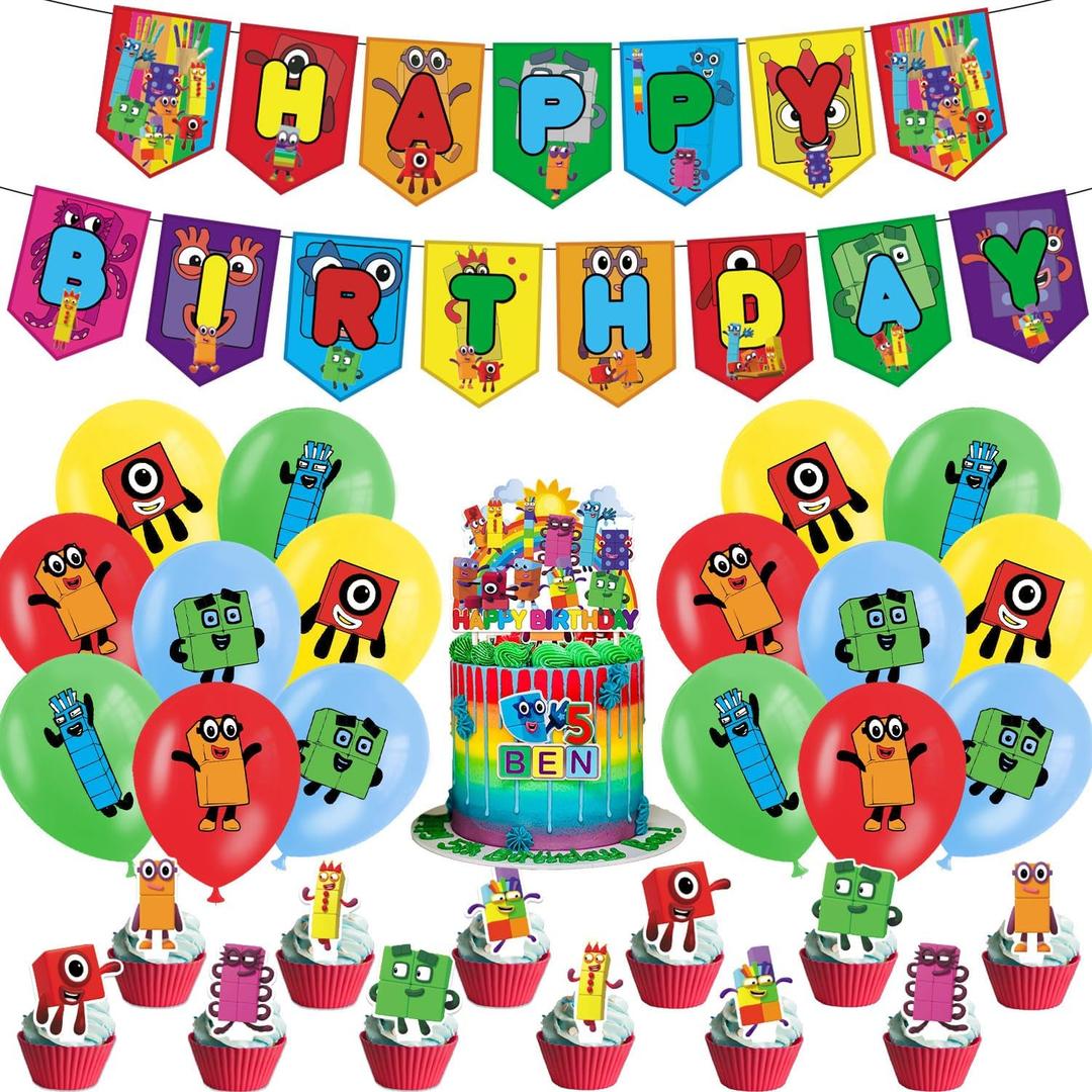 Number Birthday Party Decorations, Cartoon Number Advanture Theme Party Supplies with Banner, Cake Topper, Cupcake Toppers, Balloons for Boys Girls Birthday Baby Shower Party Favors