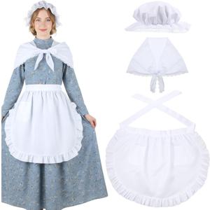 Tucnoeu 3 Pcs Halloween Colonial Costume Women Set: White Mob Cap Bonnet Shawl Waist Apron Pilgrim Costume Girls Cosplay