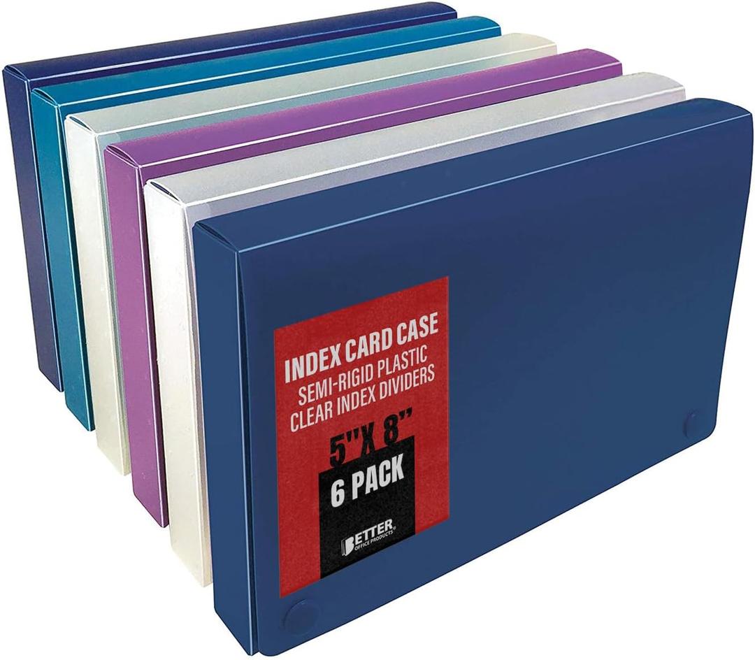 Better Office Products 5 x 8 Inch Index Card Case 6 Pack, Semi-Rigid Plastic, with Clear Index Dividers, Assorted Colors Will Vary
