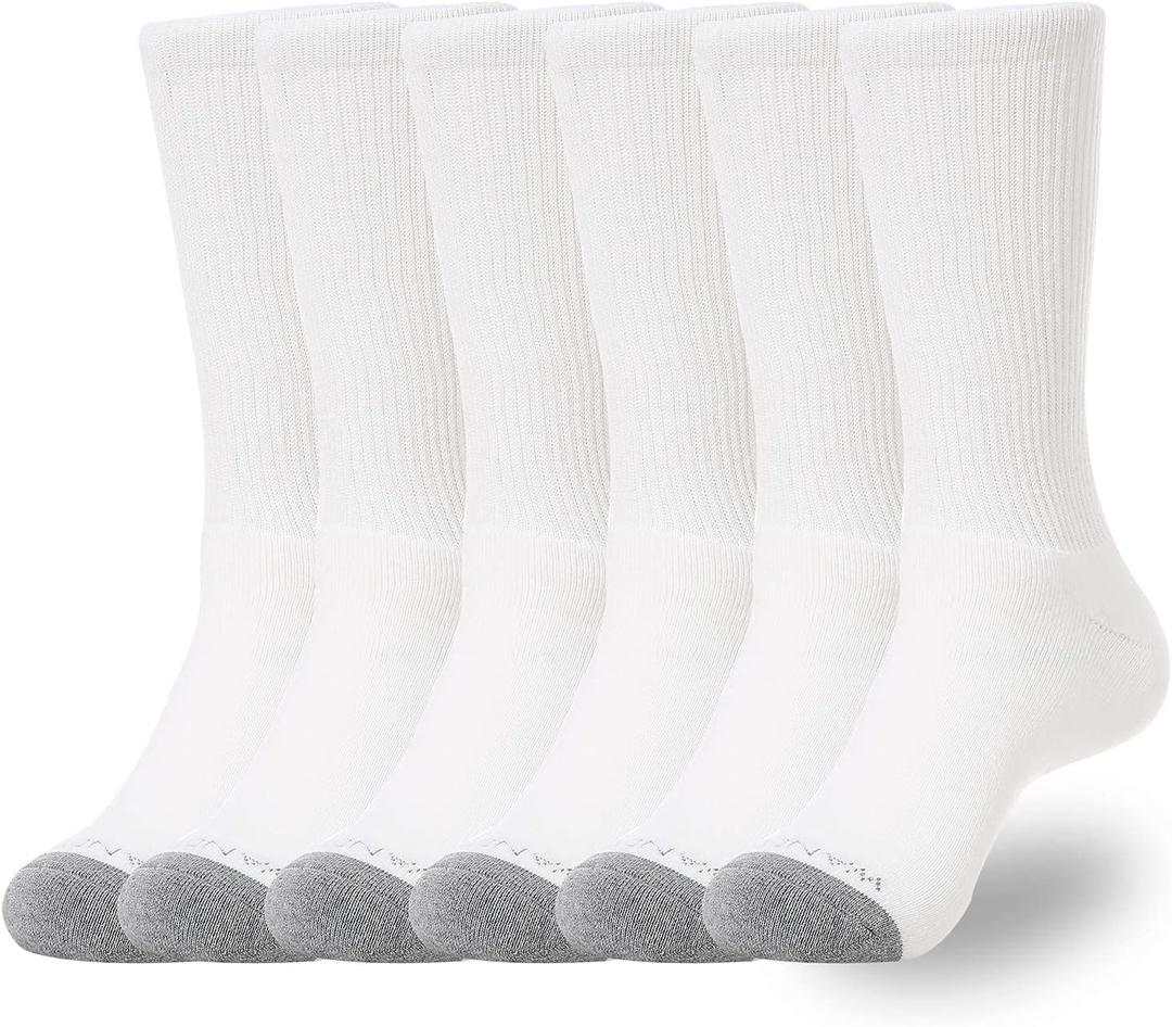 WANDER Men's Cushion Crew Socks 6-Pack Running Socks Men Cotton Athletic Sport Work Shoes White 9-12