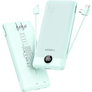 VEGER Portable Charger with Built-in AC Plug and Cables, All in One 10000mAh Ultra Slim Power Bank Travel Essentials, Fast Charging Battery Pack Compatible with iPhone, Samsung, Android (Green)