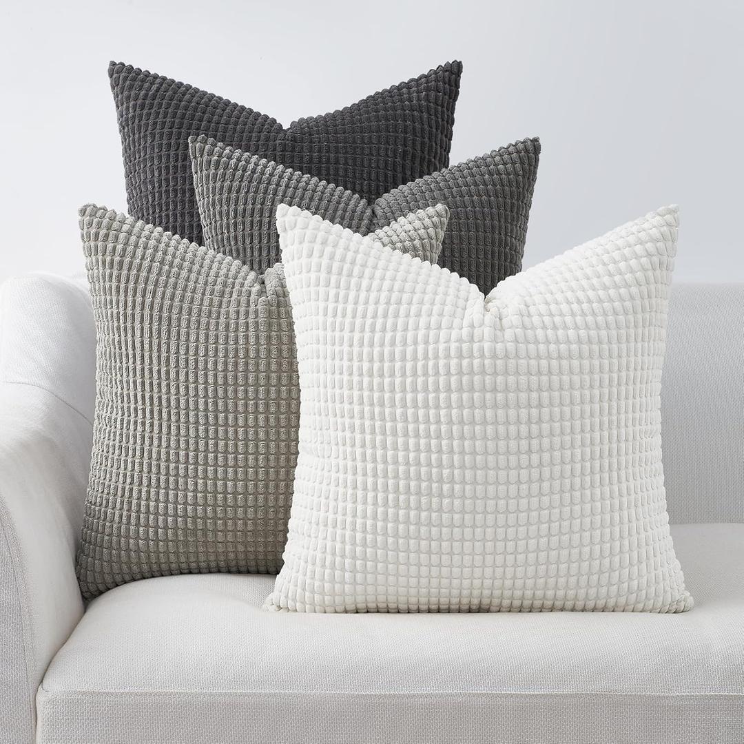 Topfinel 4 Packs Grey Decorative Throw Pillow Covers 24x24 Inch for Living Room Couch Bed Sofa, Boho Western Farmhouse Home Decor, Square Soft Moss Corduroy Fall Cushion Case 60x60 cm