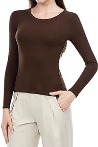 VELNIA Women Long Sleeve Shirts Crew Neck Ribbed Basic Tops Slim Fit Tops Fall Outfits Casual T-Shirt Winter Clothes Brown