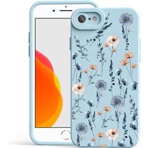 Case Compatible with iPhone SE/7/8, Cute Pretty Print Protective Silicone Case for Girls Women, Ultra-Thin Shockproof Soft Girly Phone Cover for iPhone SE/7/8 - Blue Wildflowers