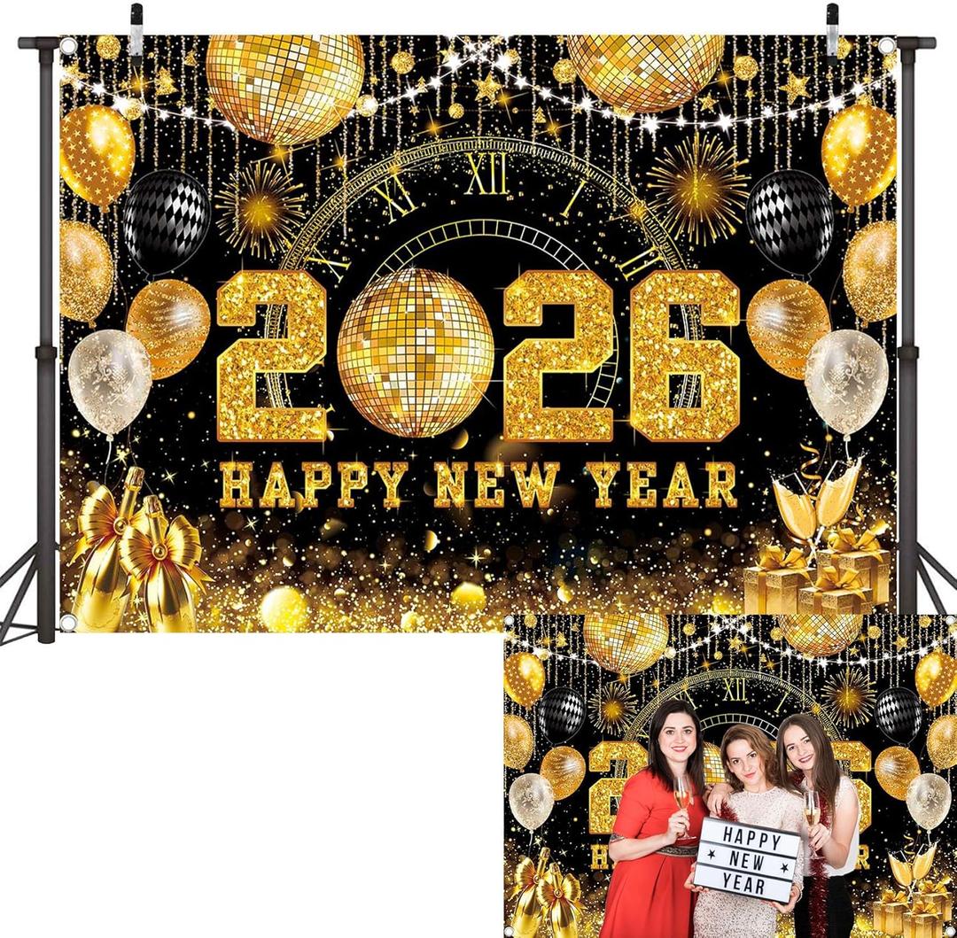 Happy New Year 2026 Black Gold Backdrop 2026 New Year Eve Countdown Photo Background Cheer to 2026 Party Decoration Banner Photo Supplies (Gold, 82x59inch (7x5FT))
