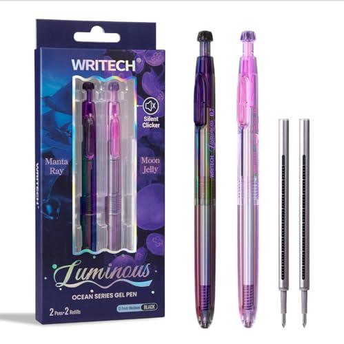WRITECH Gel Pens Medium Point: Luminous pen set 0.7mm, Black Ink, Includes 2 Pens and 2 Refills, Silent Clicker, Smooth Writing for School Office & Everyday Use
