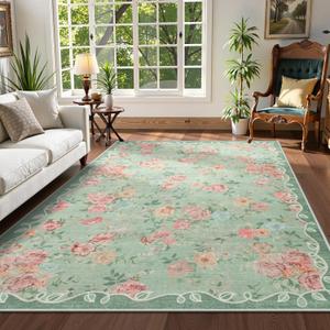 Lahome Floral Living Room Rugs 6x9 Area Rugs, Vintage Green Rugs for Bedroom,Low Pile Ultra-Thin Carpet for Farmhouse Dining Room Kids Playroom(6'X9',Green)