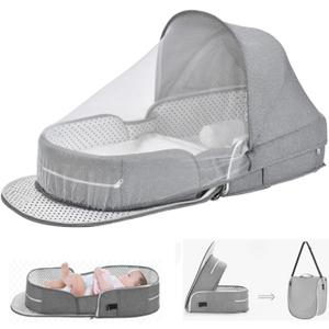 Baby Travel Bassinet Portable Bassinets, Foldable Carry Bag Bassinet Travel Crib, Lightweight Baby Lounger Pod Infant Bed with 2-1 Mosquito & Canopy (Grey)
