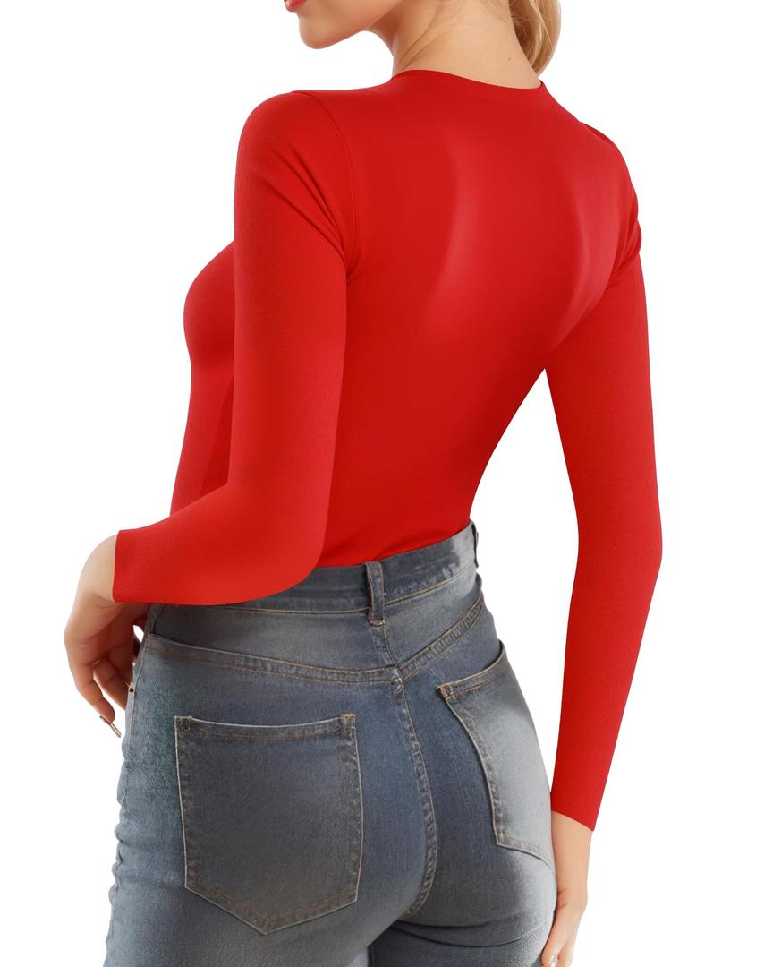 MANGOPOP Double Lined Long Sleeve Tops for Women Crew Neck T Shirts Basic Tee Womens Going Out Tops Trendy 2025 XXL