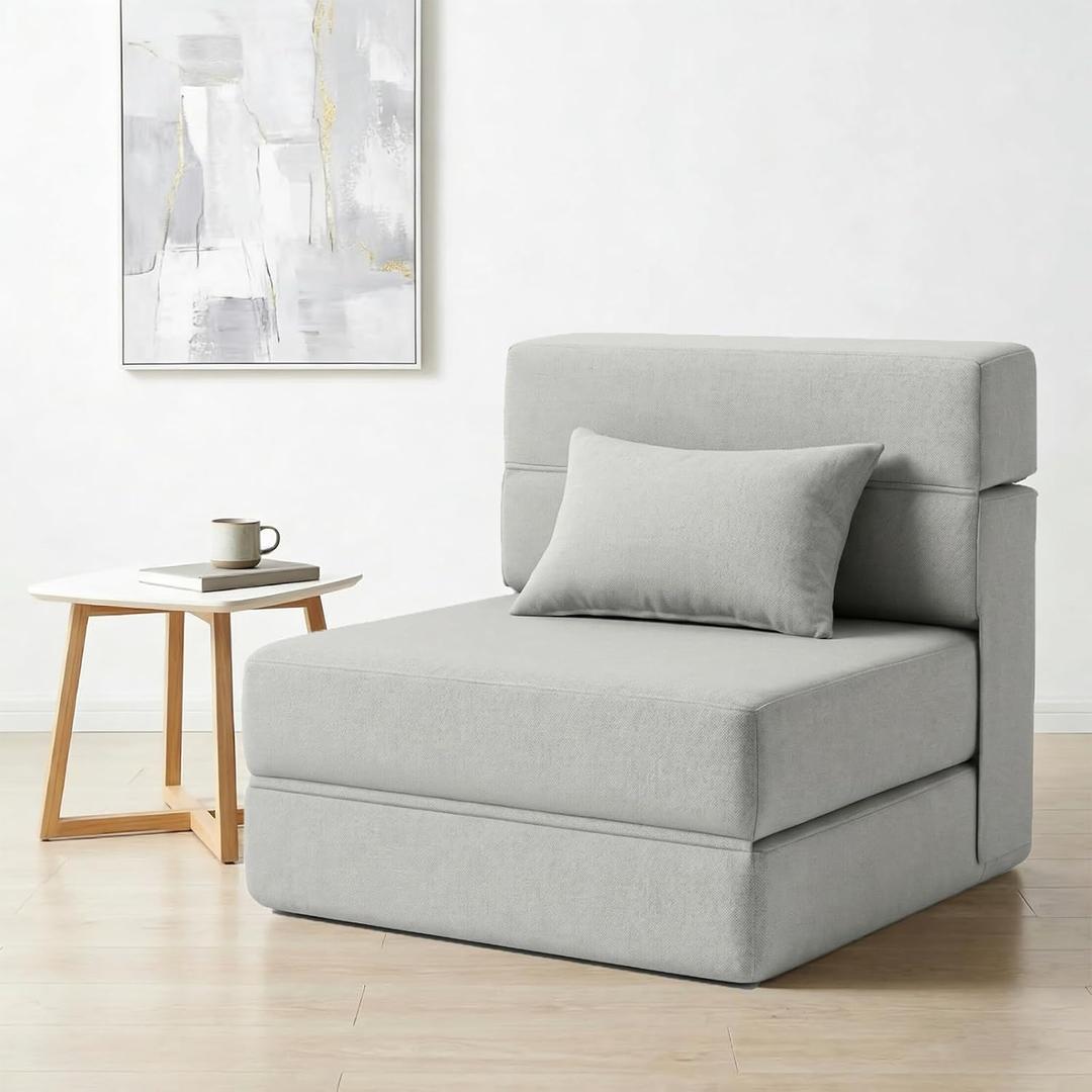 SUYOLS Folding Sofa Bed with Pillow- Convertible Chair Floor Couch & Sleeping Mattress, Foldable Memory Foam Sleeper for Living Room/Dorm/Guest Room/Home Office/Apartment/Loft, Single26, Light Gray