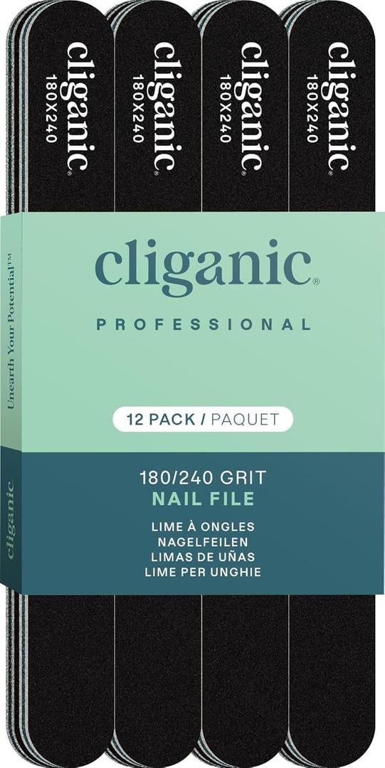 Cliganic 12 Pack Nail File Set: 180/240 Grit | Professional Emery Boards for Natural, Gel & Acrylic Nails | Washable Double Sided Kit | Cliganic 