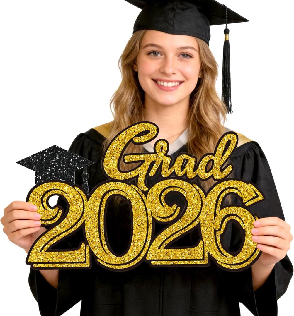 Graduation Party Decorations for Class of 2026 - Gold Grad 2026 Wood Sign Photo Prop for Class of 2026 College High School Graduation Party Supplies