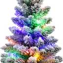 2ft Tabletop Mini Christmas Tree, Pre-lit Artificial Little Christmas Tree with 4 Colors Lights, Small Christmas Tree White Pine Cone Ornaments Burlap Base for Christmas Home Indoor Decorations