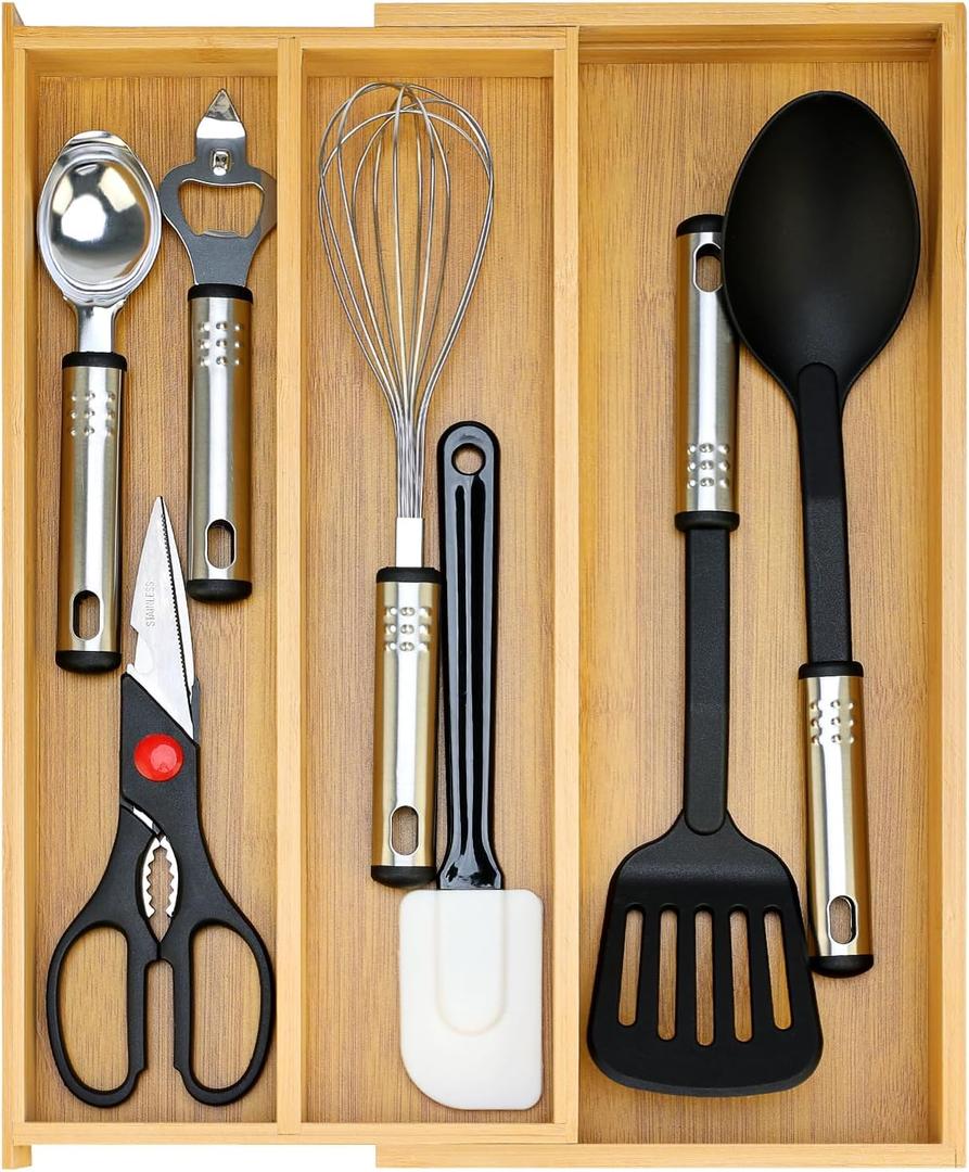 Large Bamboo Silverware Drawer Organizer Tray Kitchen Tool Drawer Divider Organizers Storage Expandable Cooking Utensil Organizer Wooden Cutlery Tray Spoon Flatware Organizers Utensil Holder Drawers ((8"-12.6")x 15.7")
