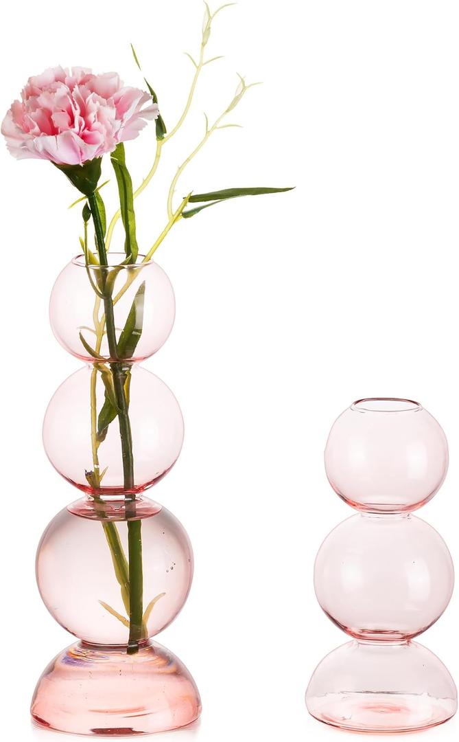 Glass Bubble Vases for Flowers, Hewory 2pcs Pink Unique Cute Single Flower Vase for Centerpieces, Funky Aesthetic Vase Skinny Bud Vase, Cool Groovy Decor for Home Living Room Bedroom Office Tabletop