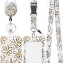 Uniclife Floral Sliding Badge Holder White Flower Plastic Case with Retractable Badge Reel Carabiner Clip & Detachable Lanyard Strap Fashionable Vertical Card Protector for Women Nurse Teacher Student (Beige Base Daisy)