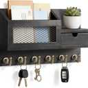 FifthQuarter Key and Mail Holder for Wall, Mail Organizer Wall Mount with 6 Hooks and Storage Drawer, Easy Installation Key Rack for Entryway and Home Decor (B-Black)