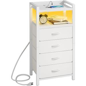 Kitstorack White Night Stand with Charger Station & LED Light, Narrow Tall Dresser with 4 Fabric Drawers, Small Dresser with Shelves for Bedroom, Bedside Table for Tight Spaces