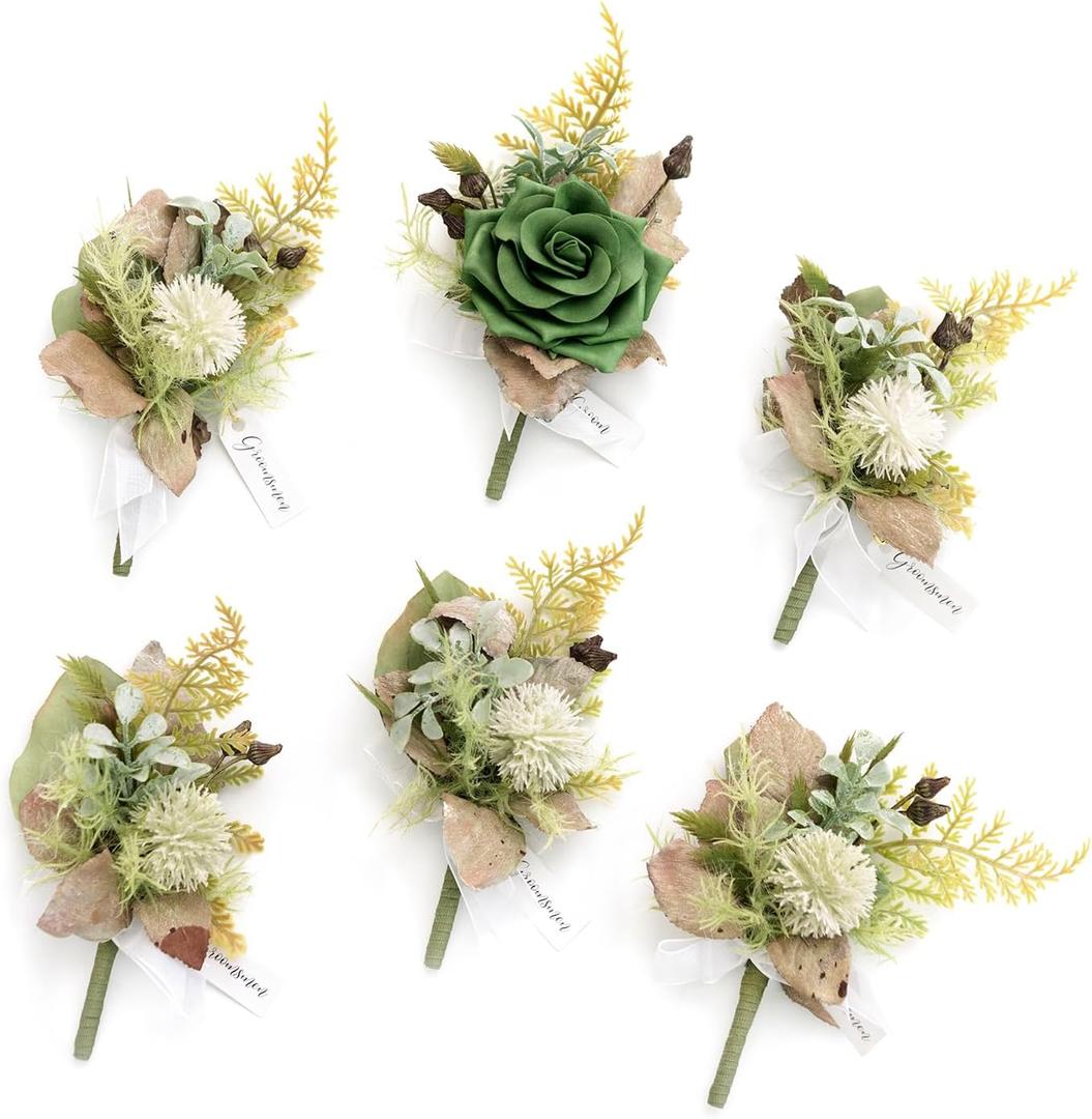 Ling's Moment Boutonniere for Men, 6pcs Groom Groomsmen Boutonniere, Artificial Flowers for Wedding Decor/Prom/Homecoming, etc.Emerald Green Beige Ling's Moment Boutonniere for Men, 6pcs Groom Groomsmen Boutonniere, Artificial Flowers for Wedding Decor/Prom/Homecoming, etc.Emerald Green Beige