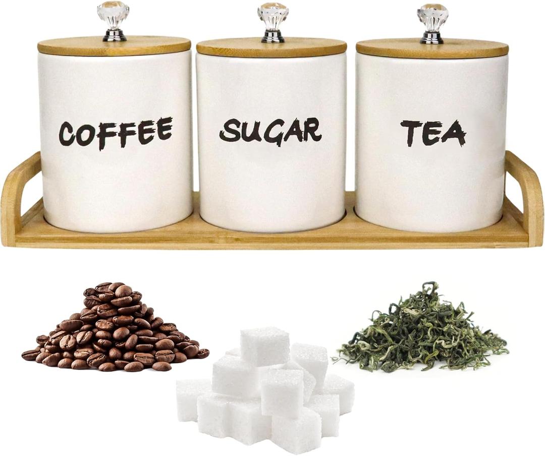 Coffee Tea Sugar Container Set of 3,Farmhouse Storage Containers Jars,Airtight Ceramic Kitchen Canister Set with Bamboo Lids for Kitchen Counter Dining Room (Ceramic, 1)