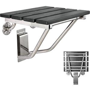 Folding Shower Seat and Bench Wall Mounted, Shower Chair Foldable, Shower Stool Collapsible for Inside Shower Bathroom Bathtub Small Space, 350lb Capacity (Plastic Wood Black)