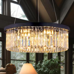 Wellmet Modern Crystal Chandelier for Dining Room, 6 Lights Black Farmhouse Crystal Pendant Light, Vintage Ceiling Lighting Fixture for Kitchen Island, Living Room, Bedroom, Hallway, Foyer, W-21.65 (Transparent)