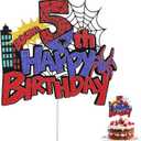 Spider Happy Birthday Cake Topper, Durable Glitter Red and Blue Spider Cartoon Themed Birthday Cake Decoration Supplies Suitable for Boys Girls (Number 5)