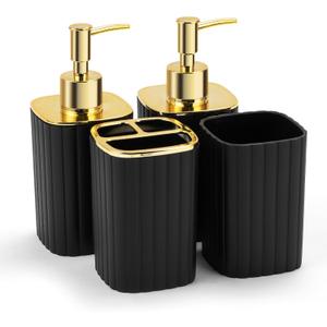 4-Piece Bathroom Accessories Set, Black and Gold Bathroom Set Includes 2 Soap Dispensers, a Toothbrush Holder and Cup, Black Gold Bathroom Decor for Modern Homes