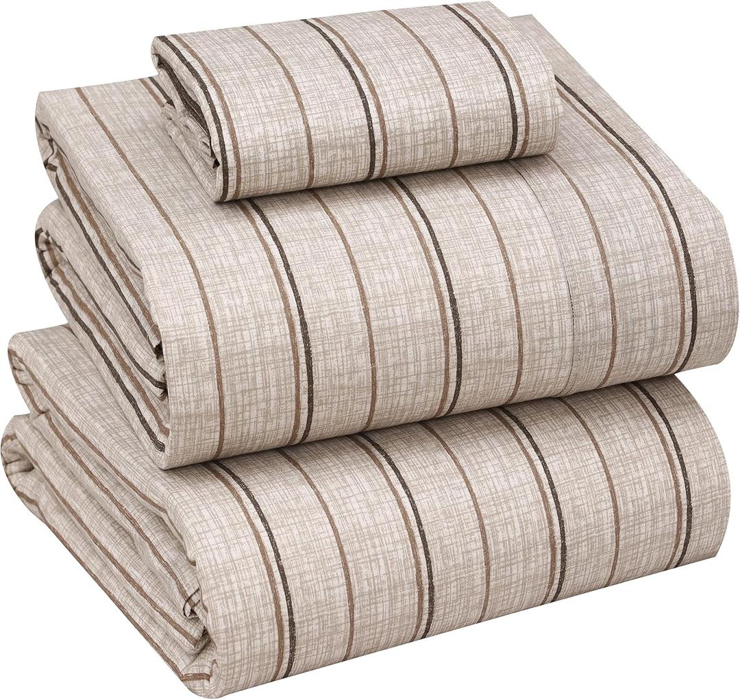 RUVANTI 100% Cotton Twin XL Sheet Sets, 3 Pieces, Soft & Breathable Percale Weave Bedding, Deep Pocket 16", Hotel Standard, Crisp Cool Feel, Durable, Perfect Size Striped Sheets, Brown Stripes