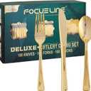 FOCUSLINE 300 Count Gold Plastic Silverware Set - 100 Forks, 100 Knives, 100 Spoons - Heavy Duty Plastic Cutlery Set Disposable Flatware for Catering, Parties, Dinners, Weddings