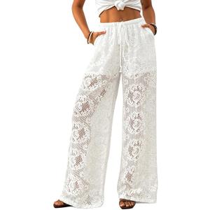 Bsubseach Women Crochet Beach Cover Up Pants Sheer Wide Leg Drawstring Summer Swimsuit Coverup Long Pants with Pockets (Medium, White)