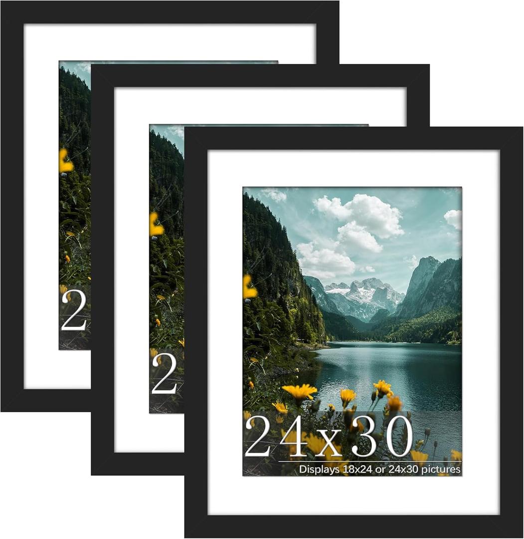 Picrit 24x30 Picture Frame 3 Pack, Black Poster Frame, Display Poster 18 x 24 with Mat or 24x30 without Mat for Horizontal or Vertical Wall Mounting