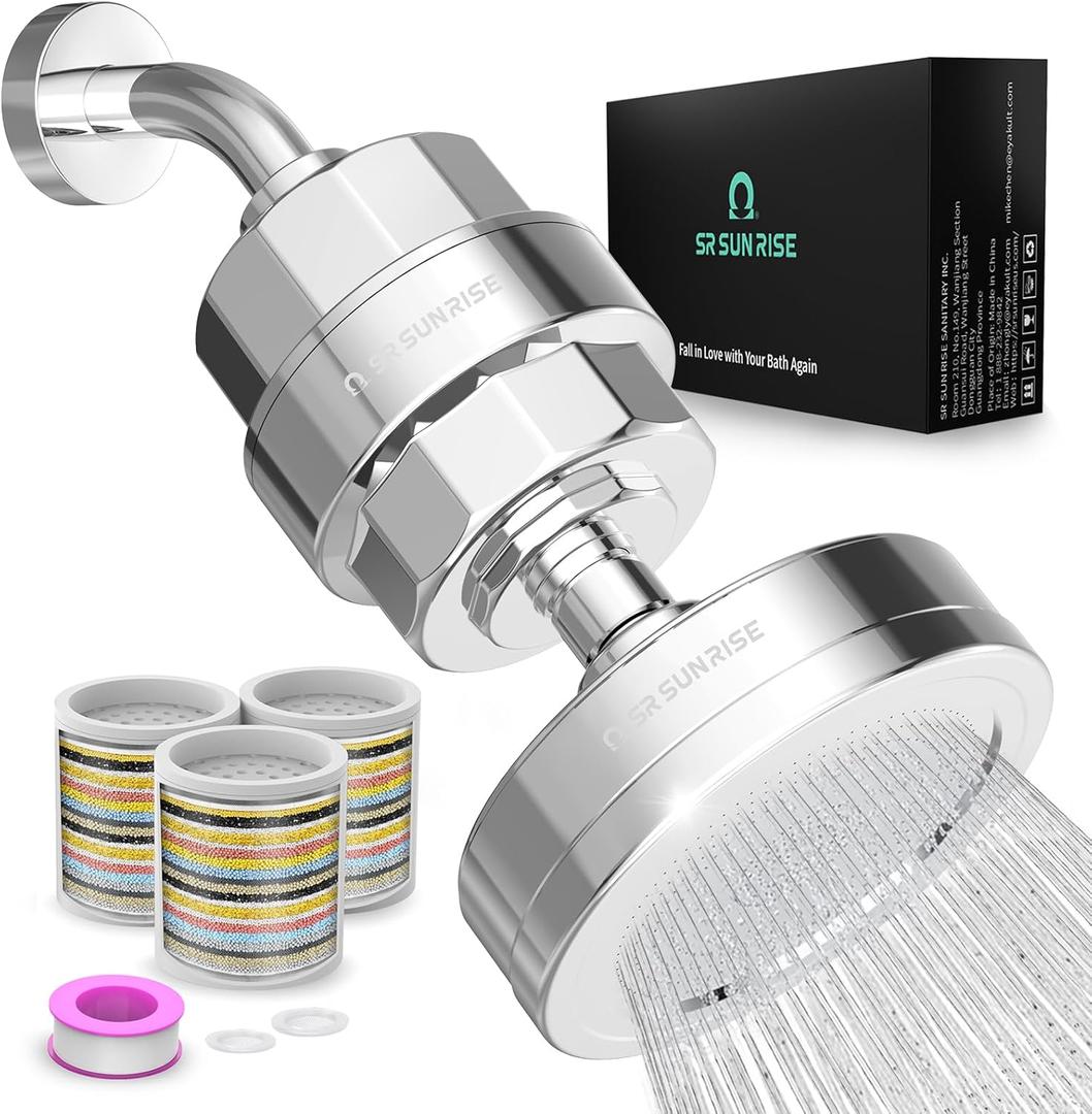 SR SUN RISE Filtered Shower Head with 3 Replaceable Filter Cartridges, 20+3 Stage Shower Filter Head for Hard Water, High Pressure Shower Head with Filters Removes Chlorine, Harmful Substances (Chrome)