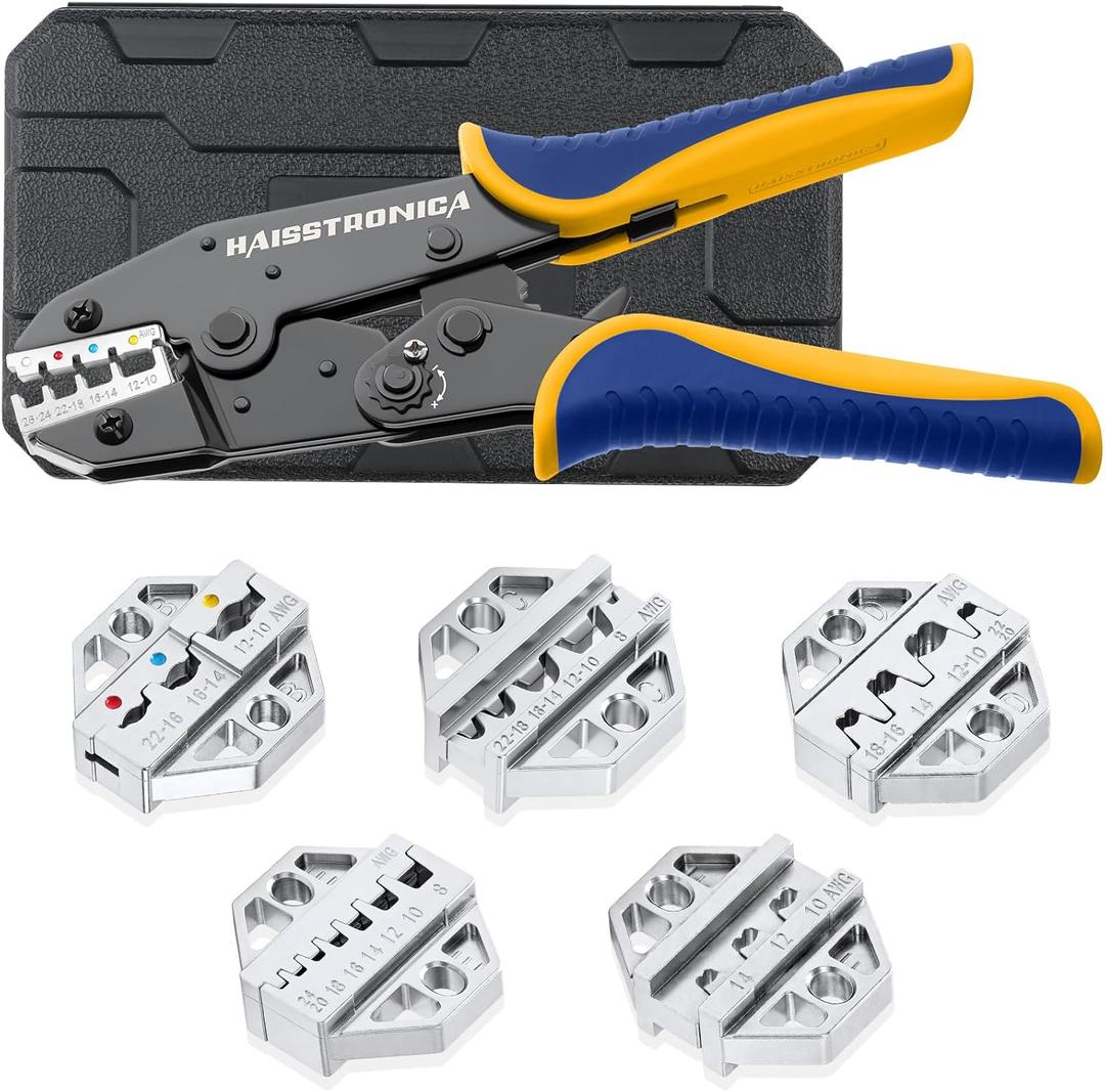 haisstronica 6PCS Crimping Tool Set - Ratchet Wire Crimping Tool for Heat Shrink, Insulated Nylon, Non-Insulated, Ferrule Wire End, Open Barrel Terminals, Solar Connectors