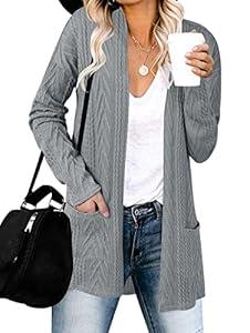 MEROKEETY Women's Casual Long Sleeve Open Front Cable Knit Cardigans Lightweight Solid Color with Pockets, Grey, S