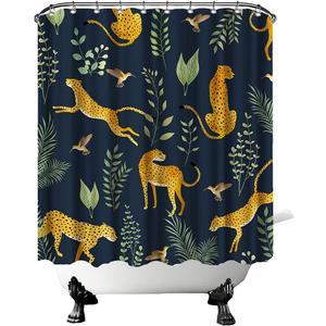Wild Animal Shower Curtain Leopard Jaguar Hummingbird with Green Leaves Bathtub Curtain Jungle Animal Print Fabric Shower Curtain for Bathroom Decor with Hooks 72"72"