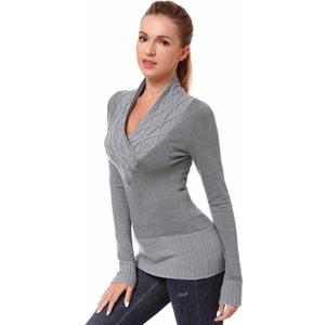 AmlieBoutik Women Crossover Cable Knit V Neck Long Sleeve Pullover Sweater (Medium, Gray)