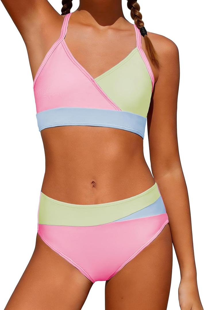 Teen Girl Swimsuit Two Piece - Color Block Bikini Adjustable Straps Bathing Suit Padded Swimwear Pink Blue Green 14-15 Years